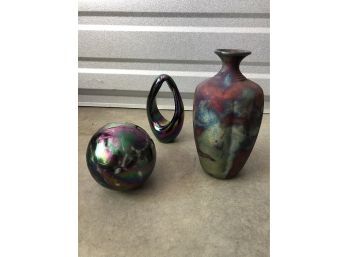 Small Colorful Glass And Ceramic Artwork Collection (shaped Figurine And Vase Signed)