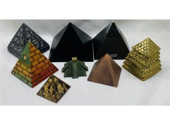 Various Pyramid Figurines, Including A Seiko Clock, 8 Count
