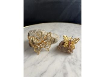 Gold Colored Butterfly Pins With Rhinestone Accents