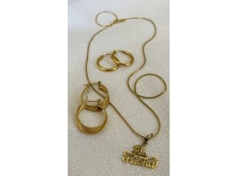 14K Gold Necklace And Two Pairs Of Earrings. Weighed At 0.282 Oz