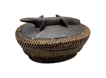 Hand Crafted Basket With Lizard Shaped Wooden Top