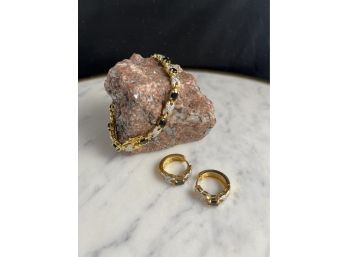 Lovely Gold Colored And Black Stone Matching Bracelet And Earring Set