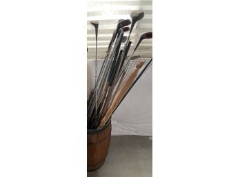 Antique / Vintage Golf Clubs In A Small Barrel