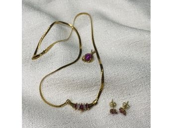 10K Italy Gold Necklace With Pink Rhinestones And Matching Earrings, Plus Extra Charm. Total Weight 0.197