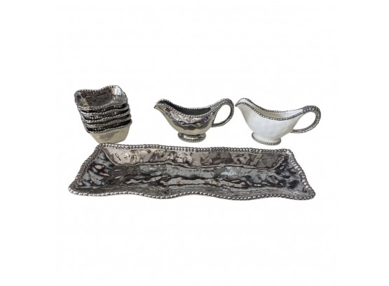 Lovely Silver And White Colored, Dinner Serving Tray, Boats And Small Bowls