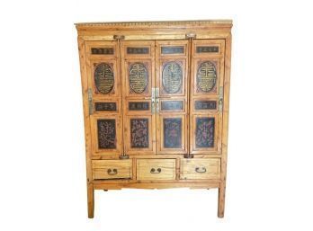 Antique Chinese Wide And Large Hand Carved Gilt Wooden Cabinet