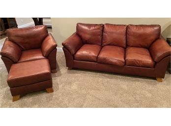 Red Faux Leather Sofa With Lounge Chair And Matching Ottoman