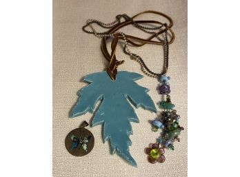 Two Turquoise And Blue Color Statement Necklaces, Plus Silver Pendant With Markings On The Back