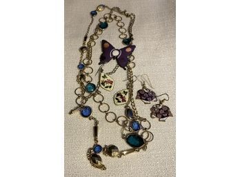 Double Chain Necklace, Plus Two Pairs Of Earrings And Butterfly Brooch