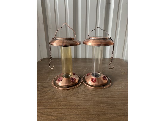 Pair Of Solar And Battery Humming Bird Feeders (11in Tall)