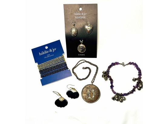 Black Earrings, Deep Violet Bracelet & Charms, Ancient-like Figures On Pendant, 3 Charms, Chains