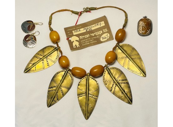 African Heritage NALA Necklace Somali Amber Beads & Leather, Bird Earrings By Laurel Burch, Pendant Carvedcarv