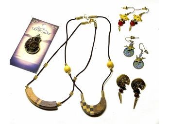 Wood & Bead Necklaces, Ornate Pierced Earrings, Ammonite Pendant