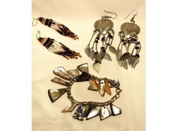 Seashell Bracelet, Beaded Dangle Earrings, Leaf And Heart Design Earring Silver Tone