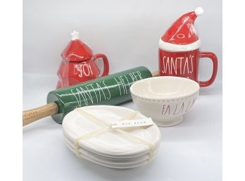 Santa's Helper Rolling Pin, 3 Plates, JOY Container & Lid, Santa's Helper Large Mug With Cover, Holiday Bowl
