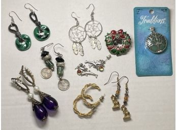 Seven Pair Of Pierced Earrings, Holiday Brooch, Metal Tree Pendant - Deep Rich Colors
