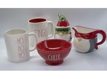 Santa Gravy Pourer & Gnome Scrubby Holder, Rae Dunn Collection Cheer Bowl And Two Holiday Mugs