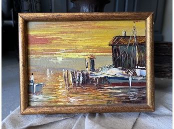 Beautiful Sunset And Boat Painting Framed, 8 X 6 Inches