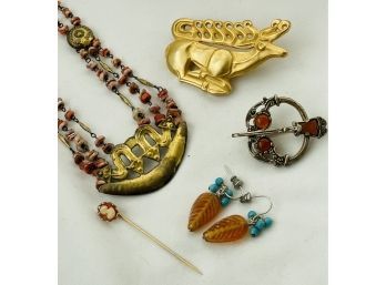 Stunning Beaded And Gold Tone Necklace, Two Brooches, Cameo Pin, Pretty Leaf Earrings