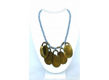 Stunning Hand-tooled Brass And Blue Beaded Necklace.