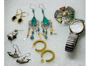 Wrist Watch Untested With Colorful Dials, Gem Brooch, Five Pair Of Pierced Earrings