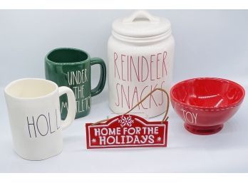Reindeer Snacks Cookie Jar, 2 Large Holiday Mugs, Small Joy Bowl, Holidays Metal Sign With Leather Strap