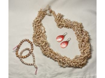 Soft Peach Shells Necklace And Bracelets, Pear Shape Pierced Earrings By Laurel Birch