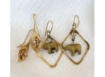 (2) Pairs Of Antique 14K Gold Earrings. Total Weight 10.84 Including Bear Charms