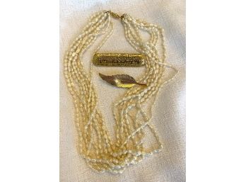 Freshwater Pearl Necklace And Two Beautiful Antique Brooches