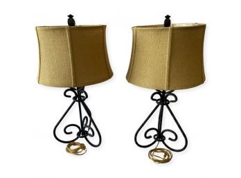 Matching Table Lamps With Iron Bottom And Textured Fabric Shades (28in High)