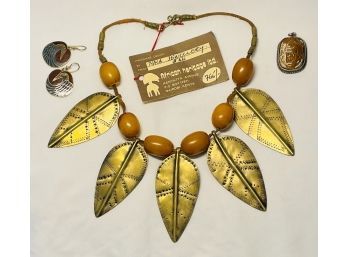 African Heritage NALA Necklace Somali Amber Beads & Leather, Bird Earrings By Laurel Burch, Pendant Carvedcarv