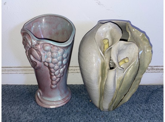 Calla Lilly Designed Pottery Vase And Pink Decorative Vase By West Coast Pottery