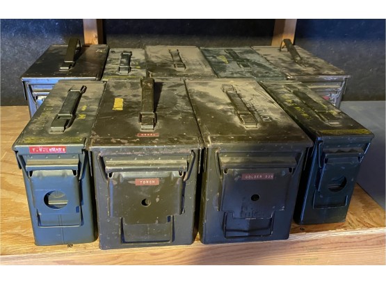 9 Military Ammo Metal Boxes Filled With Miscellaneous Tools And Supplies
