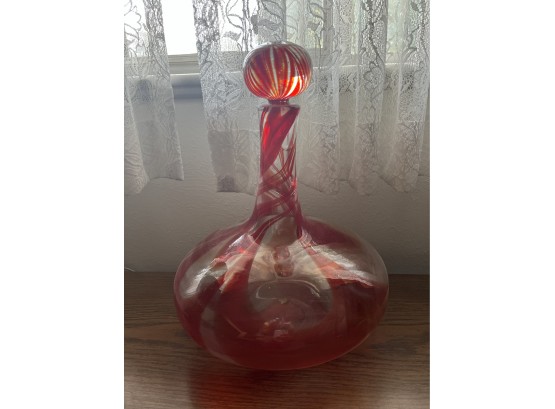 Large Decorative Glass Decanter With Red Swirl Accents, 15 1/2 Inches Long