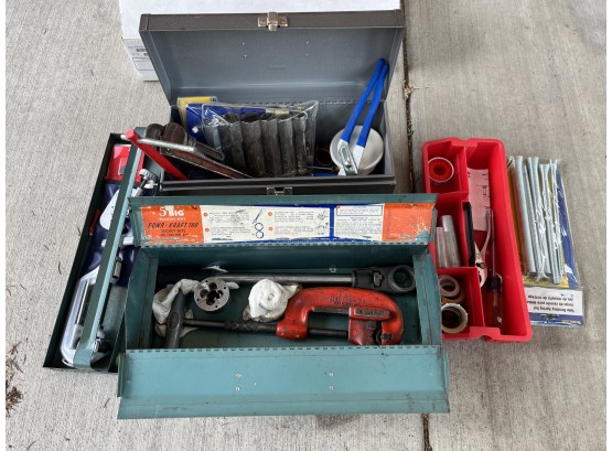Two Tool Boxes Includes Tools And Hardware, Clamps, Wrench, Screwdriver