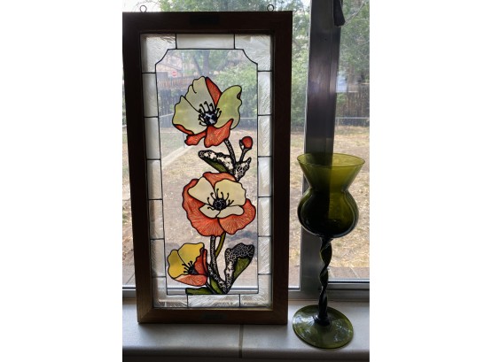 Stained Glass Picture And Tall Green Glass Goblet