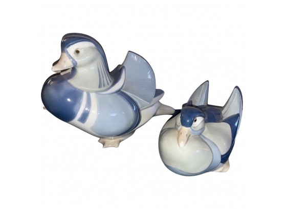 Pair Of Blue Variant Colored Ceramic Ducks, Made In Italy