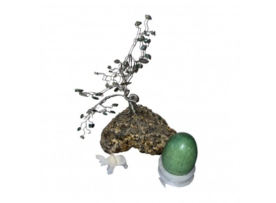 Lovely Assortment Of Decorative Stones. Wired Gem Tree, Stone Egg, And Tiny Elephant Figurine