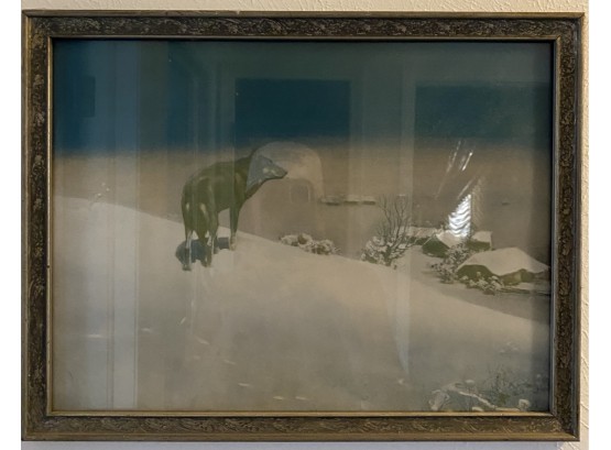 Print, Wolf In Snow Overlooking Village