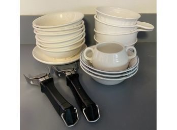Various White Bowls And Two Corning Ware Utensils