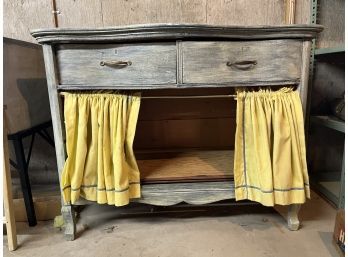 Cottage Style Wooden Light Blue Cabinet With 2 Drawers And Yellow Curtains (43 X 21 X 34)