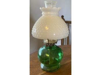 Green Glass Oil Lamp With Hobnail Top