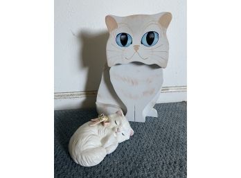 Adorable Wooden And Ceramic Cat Figurines