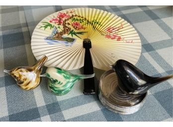 (4) Silver Plate Coasters, Chinese Fan, And (3) Glass Bird Figurines