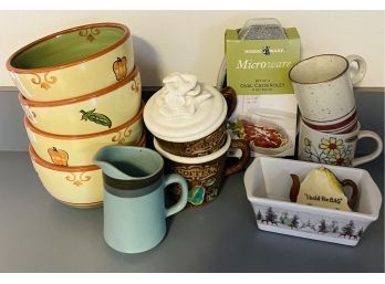 Various Plates And Mugs, Includes Adorable Tea Bag Holder
