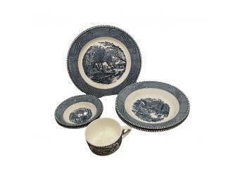 Currier & Ives, The Old Grist Mill, China Set Bt Royal! Plates, Large/small Bowls And Tea Cups