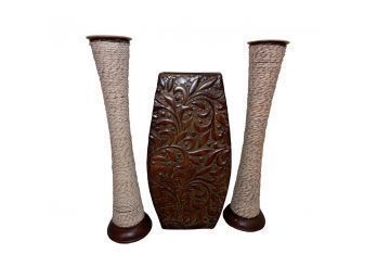 Set Of Two Large Metal Candle Holders With Wicker Detailing And Metal Vase