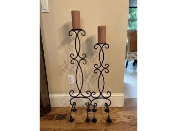 Two Decorative Metal Candle Holders, Candles Included (31 In And 36 In)