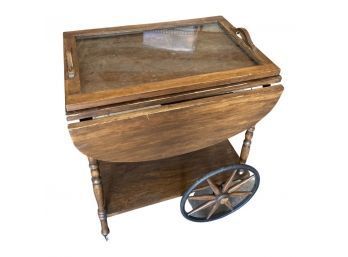Antique Wooden Bar Cart With Removable Glass Top Tray
