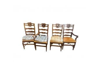 Set Of Four Wooden Chairs With Wicker Bottoms And Rooster Designs.